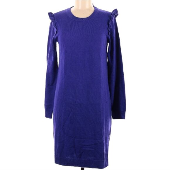 J. Crew -773 NWT Wool Blend Ruffle Hem Long Sleeve Sweater Dress Purple M - Picture 2 of 3